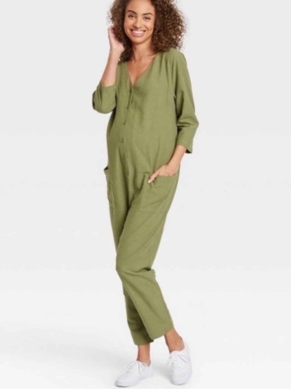 The Nines by Hatch Maternity Jumpsuit Sage Green Button Front Pocket Romper SM